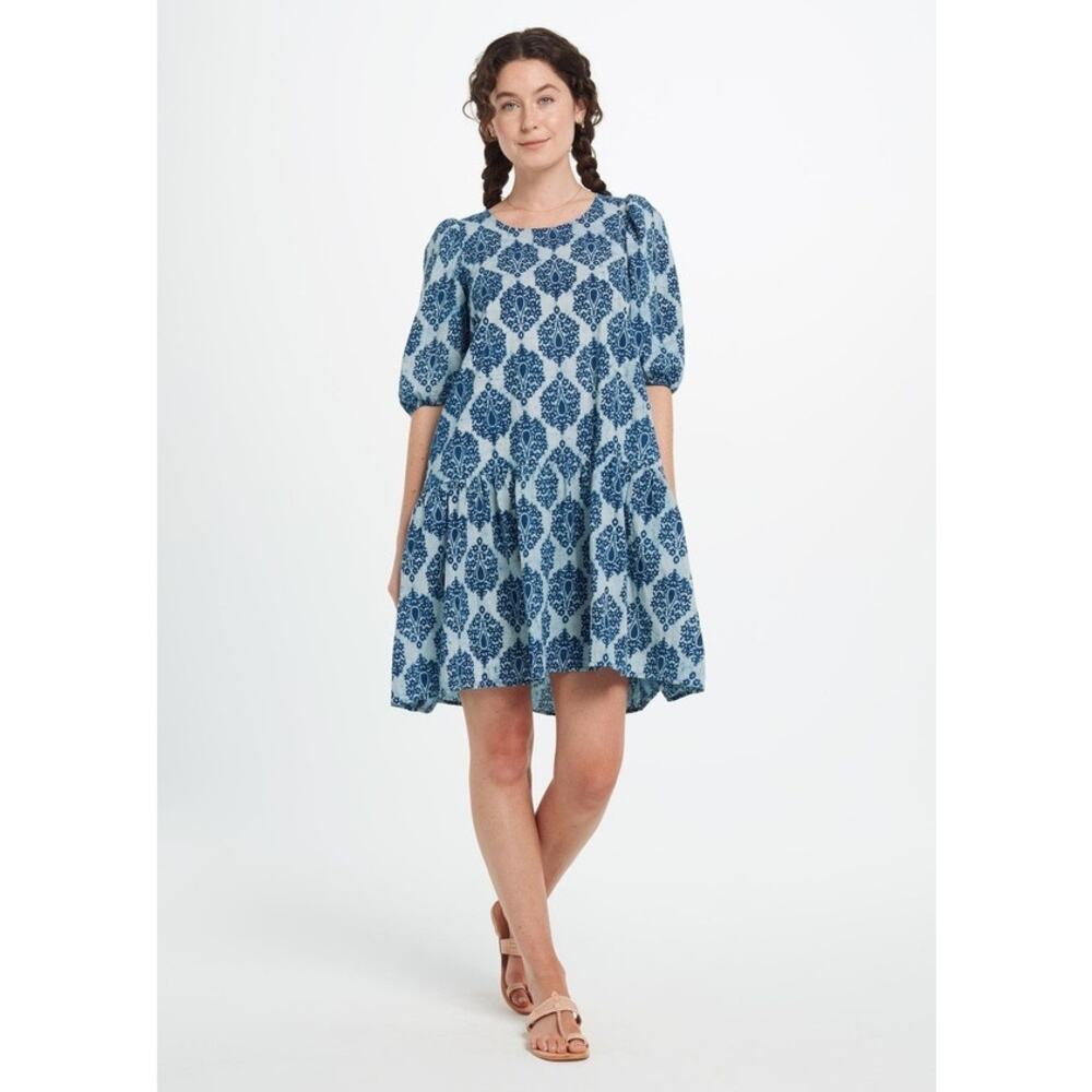 Matta Kenia Arabesque Dress Indigo Blue Block Print Cotton Mini Size XS